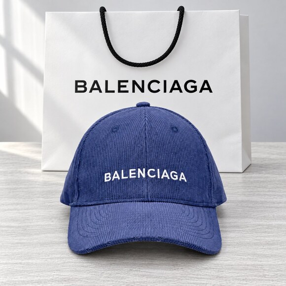 None Tops - Balenciaga Blue Corduroy Logo Cap